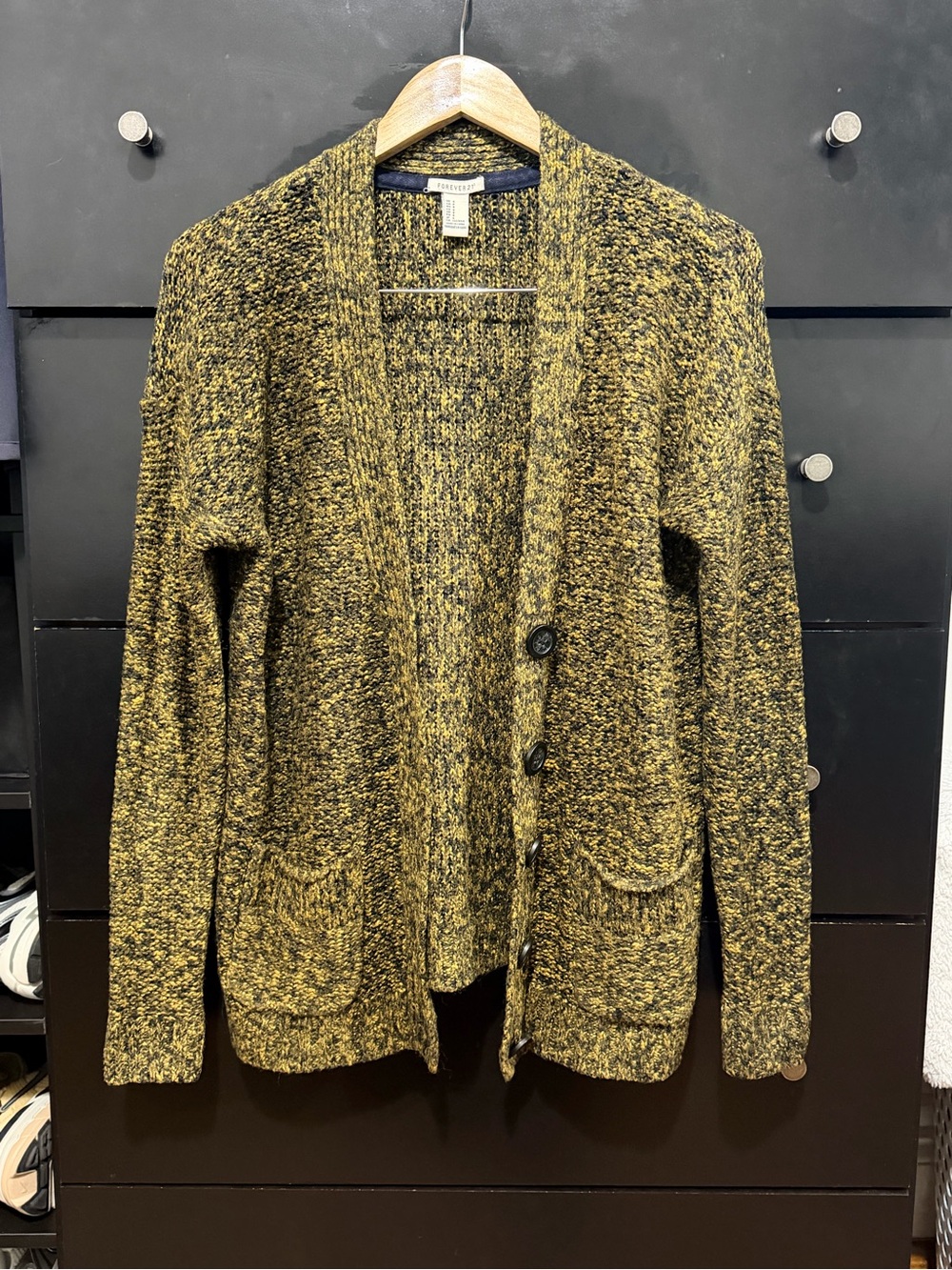 Forever 21 Yellow and Black Marled Button Cardigan